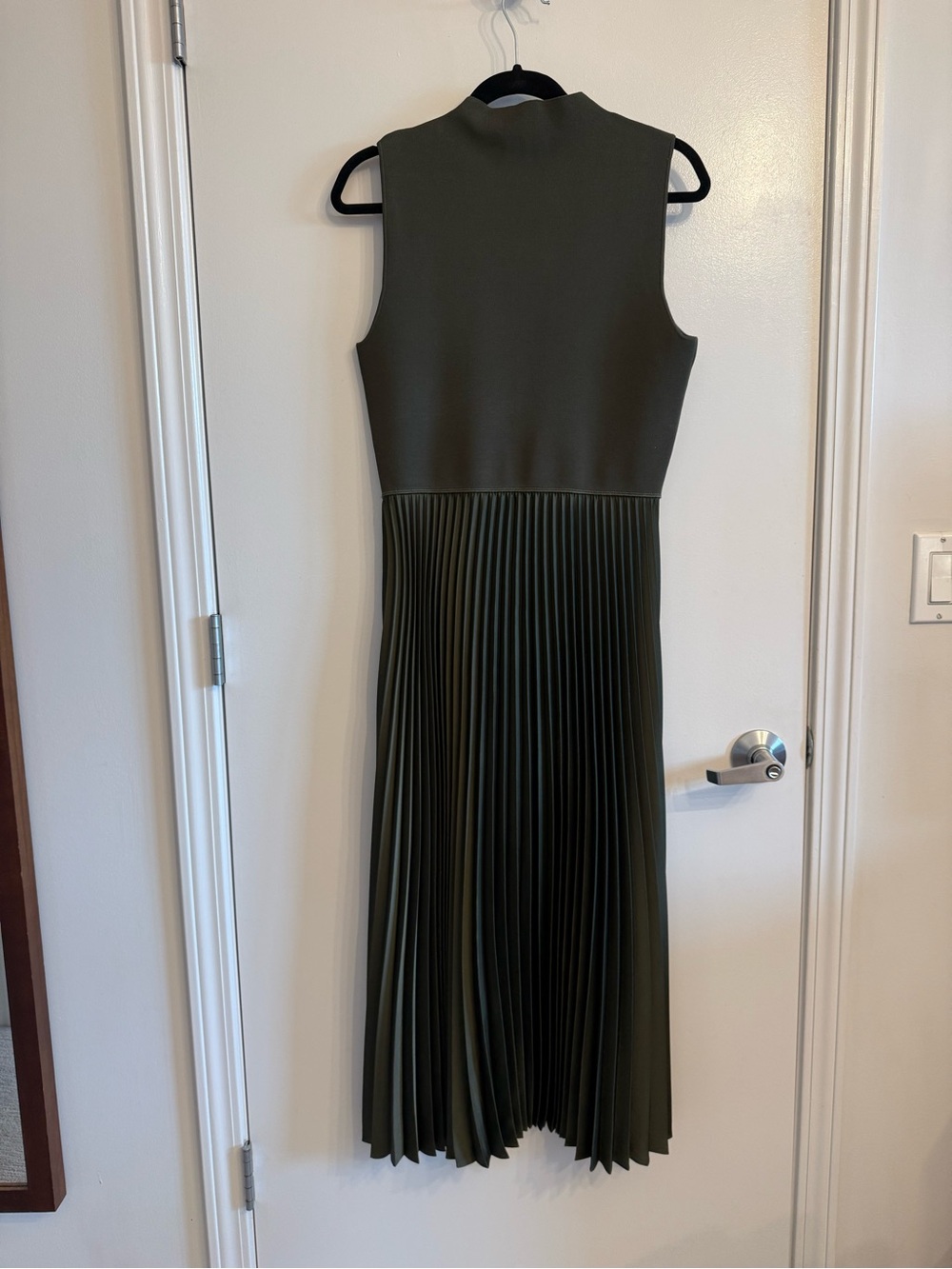 Theory Olive Green Sleeveless Pleated Midi Dress